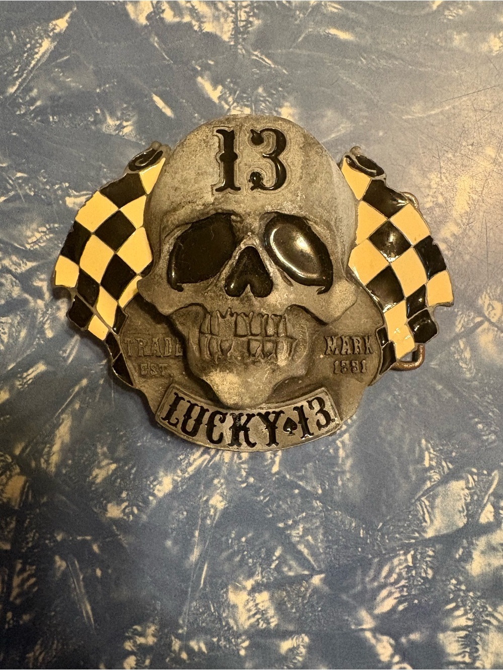 Lucky 13 Vintage-Style Metal Belt Buckle - Racing Flag Skull - Bottle Opener